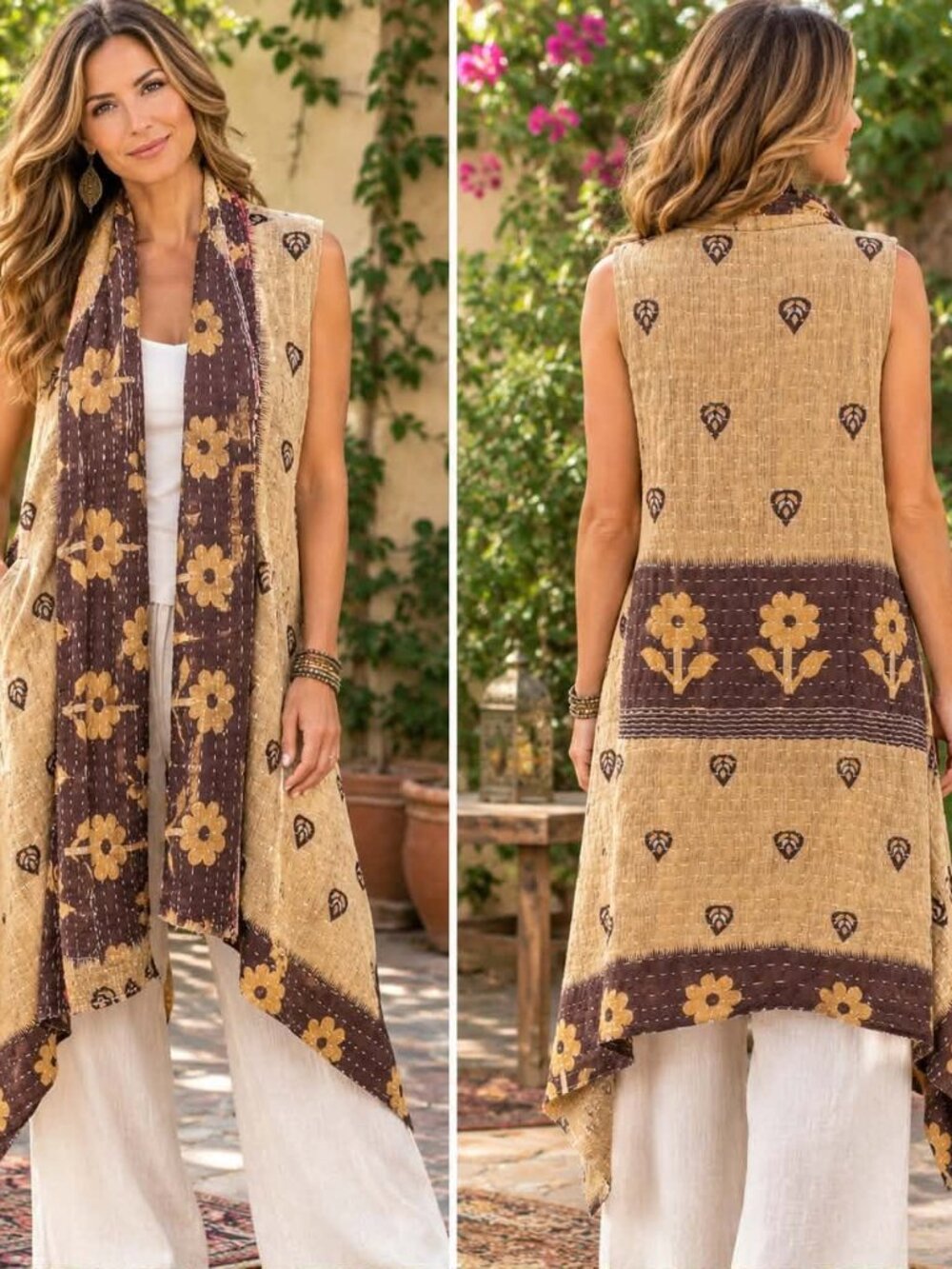Women Handmade Purple/Tan Flower Power Kantha Vest & Reversible Scarf One Size